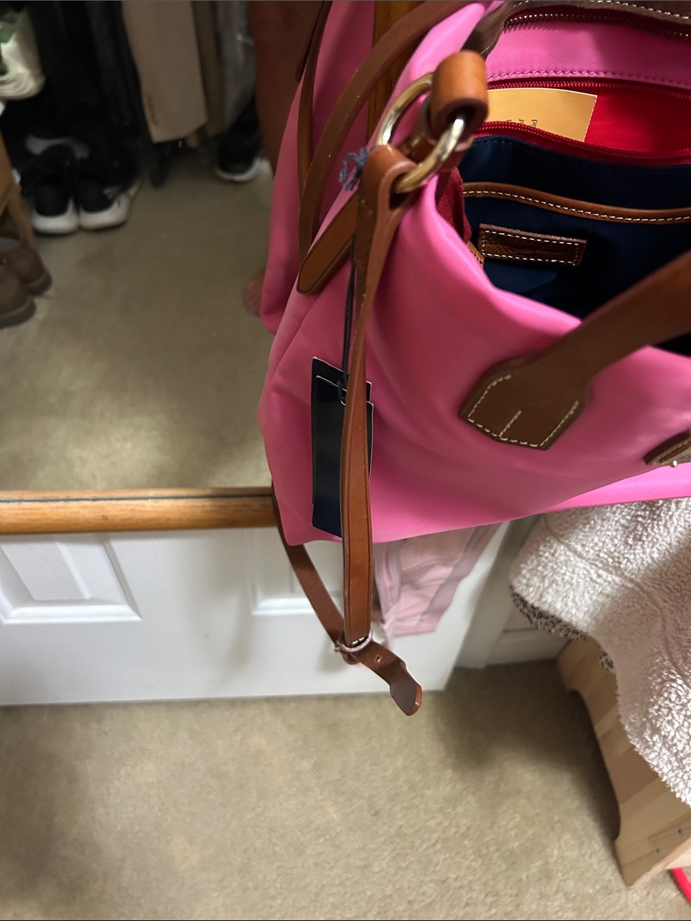 NWT Dooney & Bourke Pink Nylon Tote with Brown Leather Trim - Picture 3 of 7